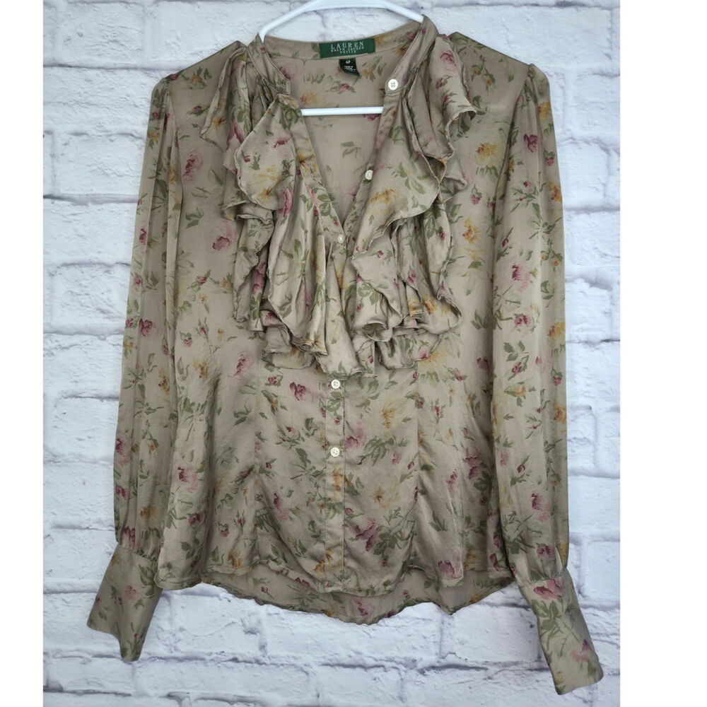 Lauren Ralph Lauren 100% Silk Ruffle Floral Blouse Top Tan Pink Beige Sz 4P